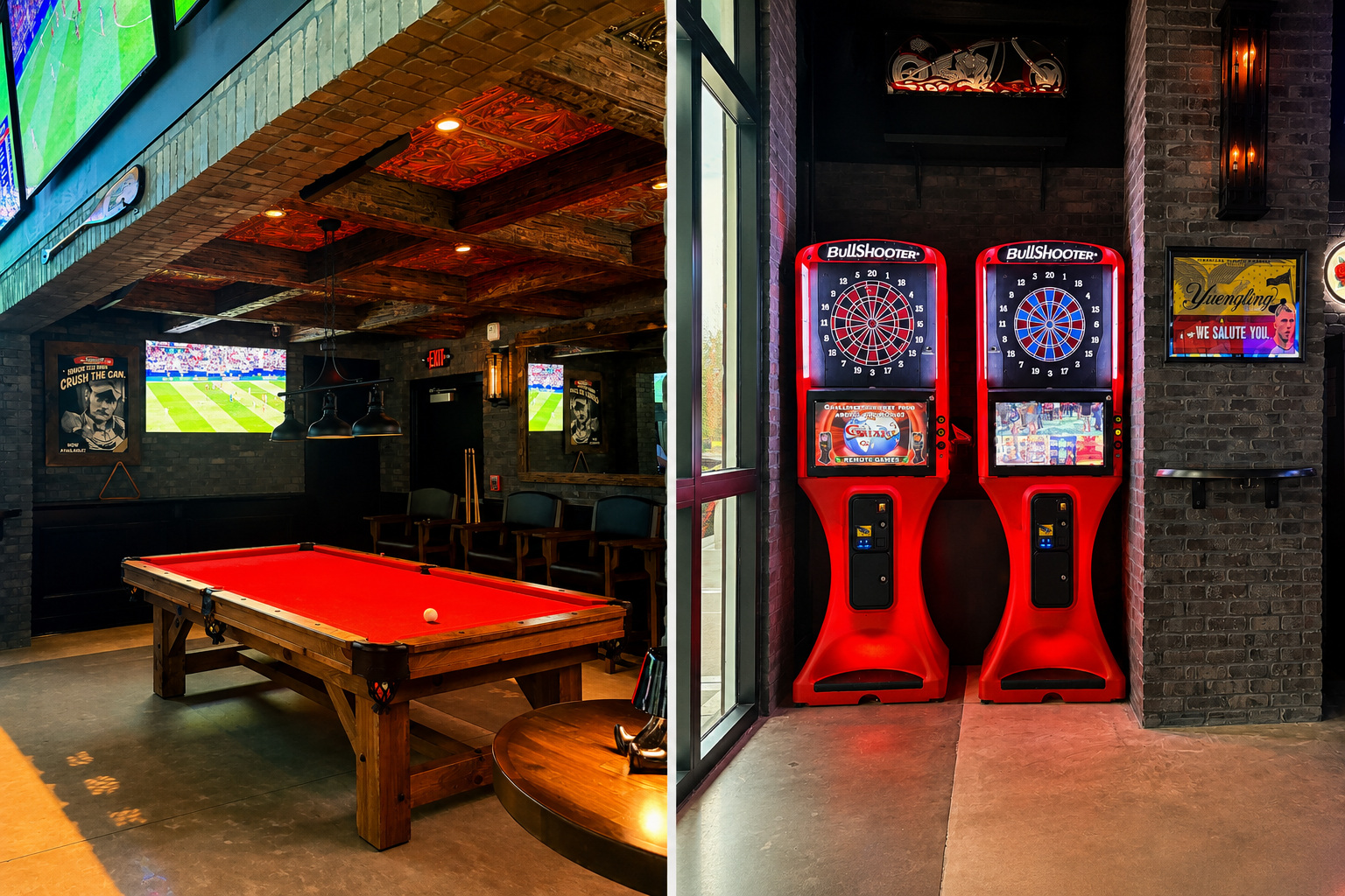 Back Bar games area with pool table, dart machines, and TVs showing the game