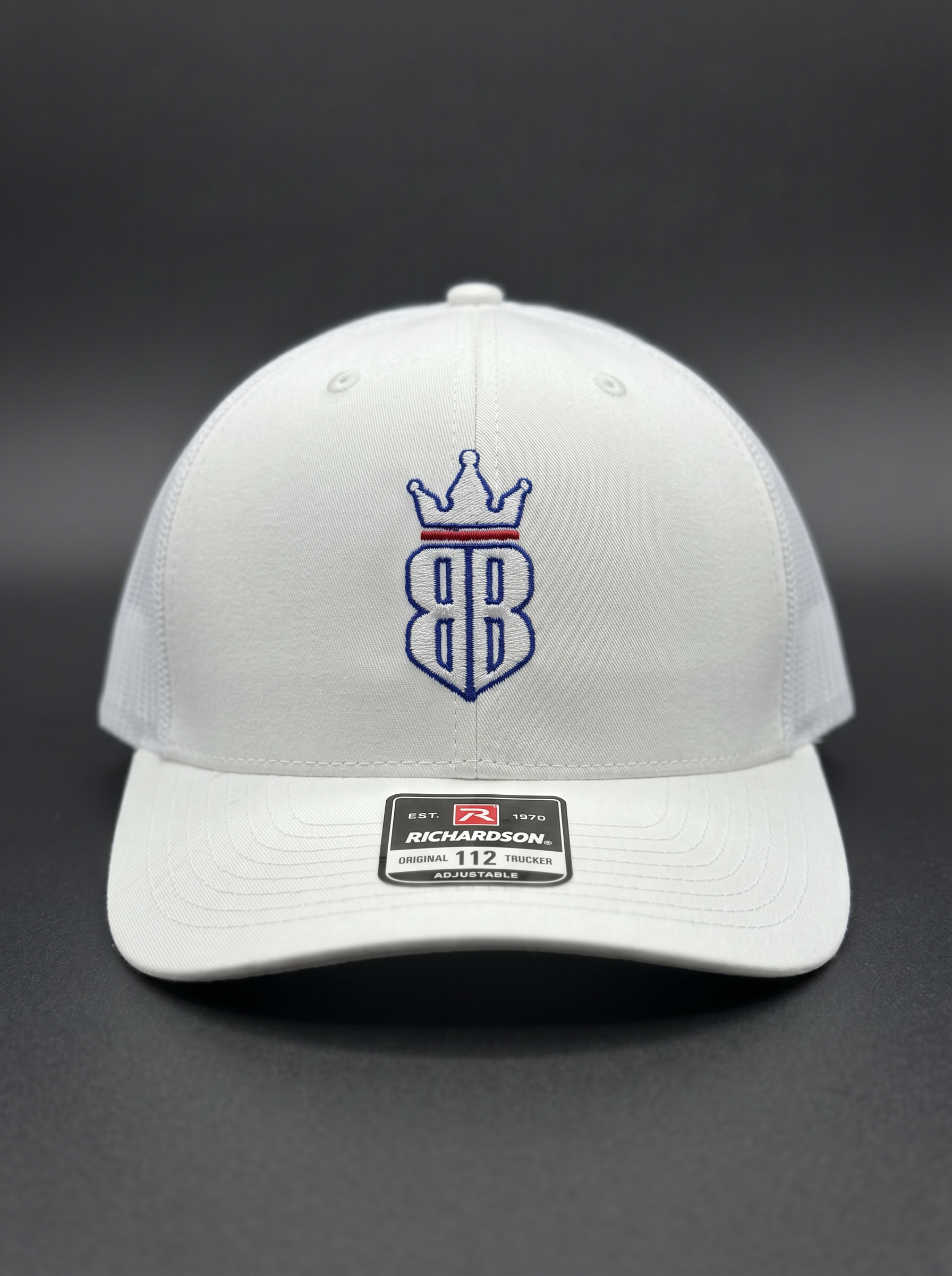 White Back Bar Richardson 112 trucker hat, front with embroidered BB crown logo