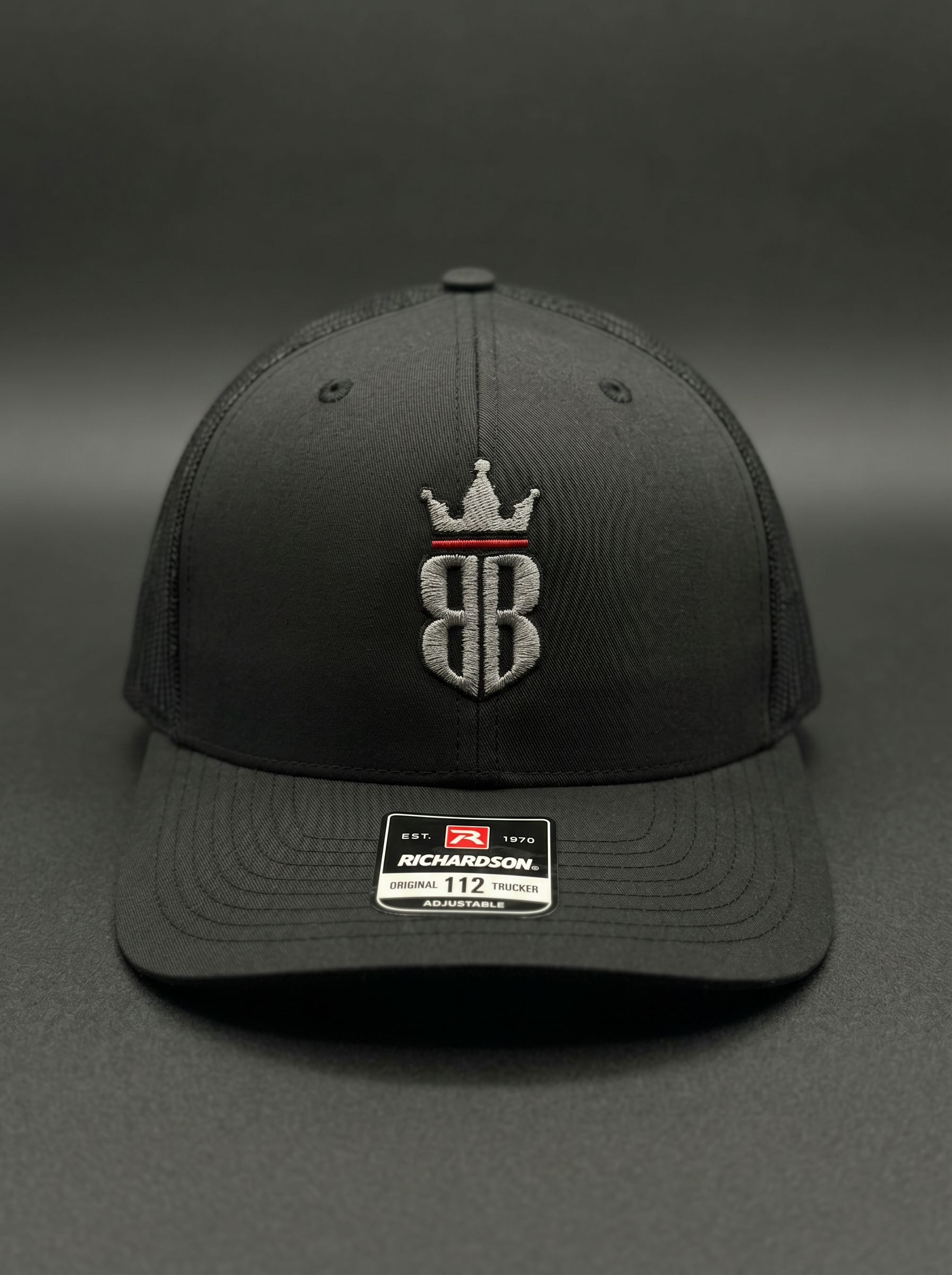 Black Back Bar Richardson 112 trucker hat, front with embroidered BB crown logo