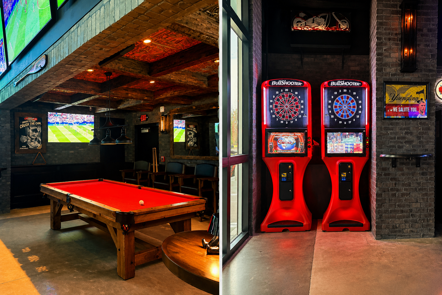 Red felt pool table beside BullShooter dart machines